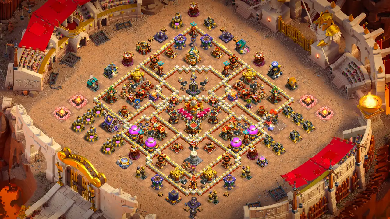 TH16 Anti-2 CWL base layout in Clash of Clans with the Monolith isolated behind the Eagle Artillery, Hot Candle to stop Super Yeti blimps.