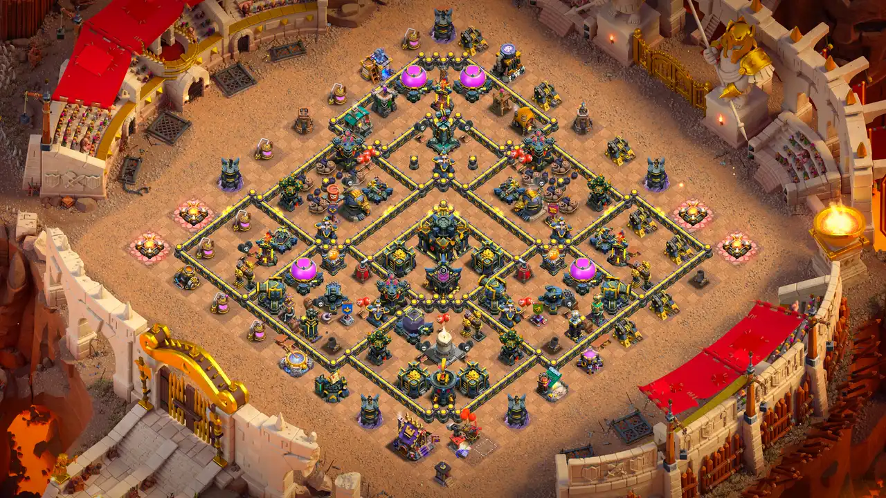TH17 Anti-2 CWL base layout in Clash of Clans with the Town Hall isolated in the core, Hot Candle and Firespitter to stop blimp attacks.