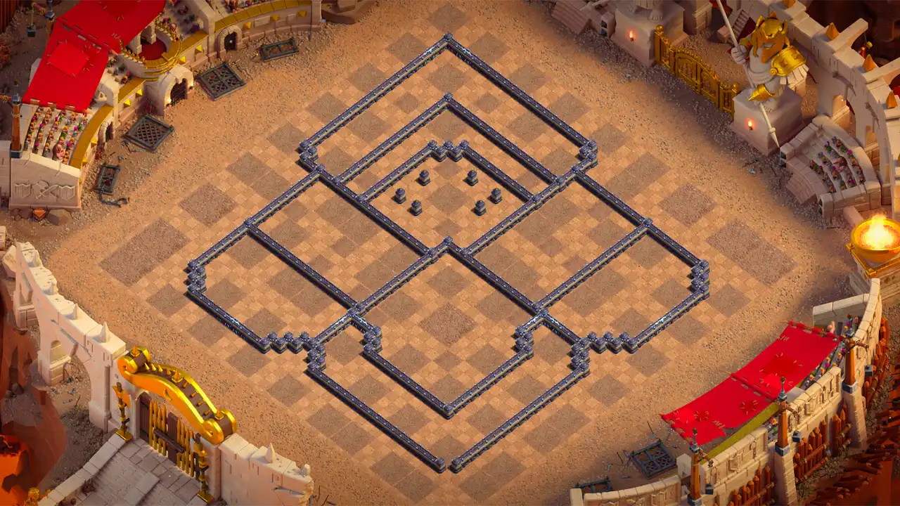 Wall layout of the TH18 Anti-3 CWL base in Clash of Clans, showing the diamond compartments that separate the Town Hall zone at the bottom from the Cake-A-Pult zone at the top.