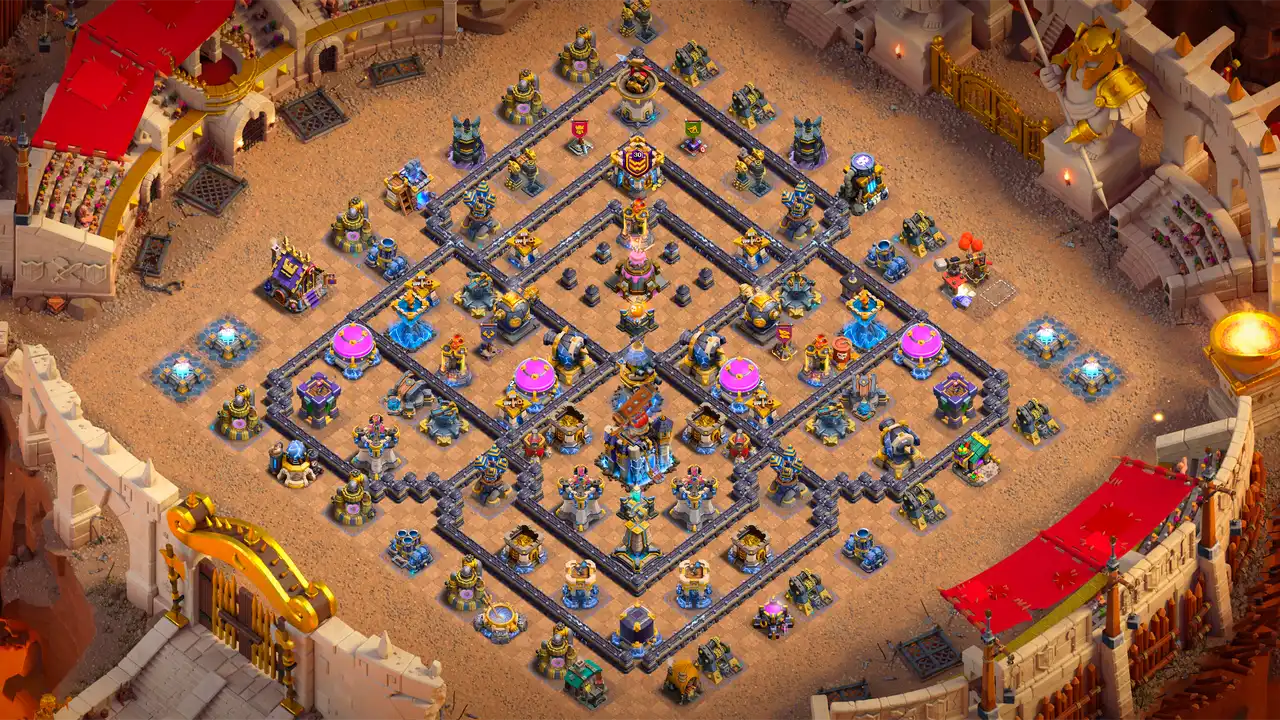 th18 anti 3 star cake-a-pult cwl base scout view - full base layout for clash of clans town hall 18