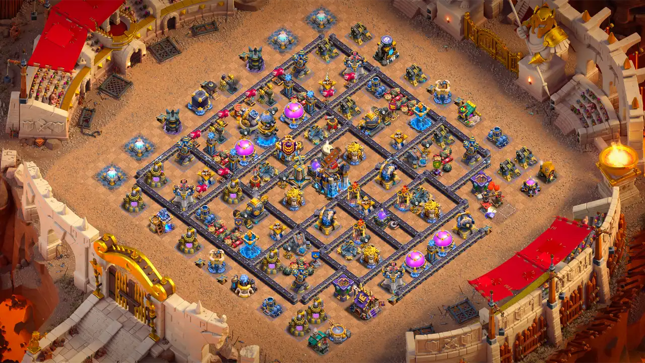 TH18 Anti-2 CWL base layout in Clash of Clans with The Logger in the core, Hot Candle and Monolith to stop air spam and Thrower attacks.