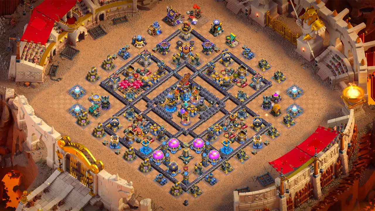 TH18 Anti-2 Hero Hunter war base layout in Clash of Clans with the Town Hall in the core, Multi Inferno Towers to stop Super Bowler attacks.