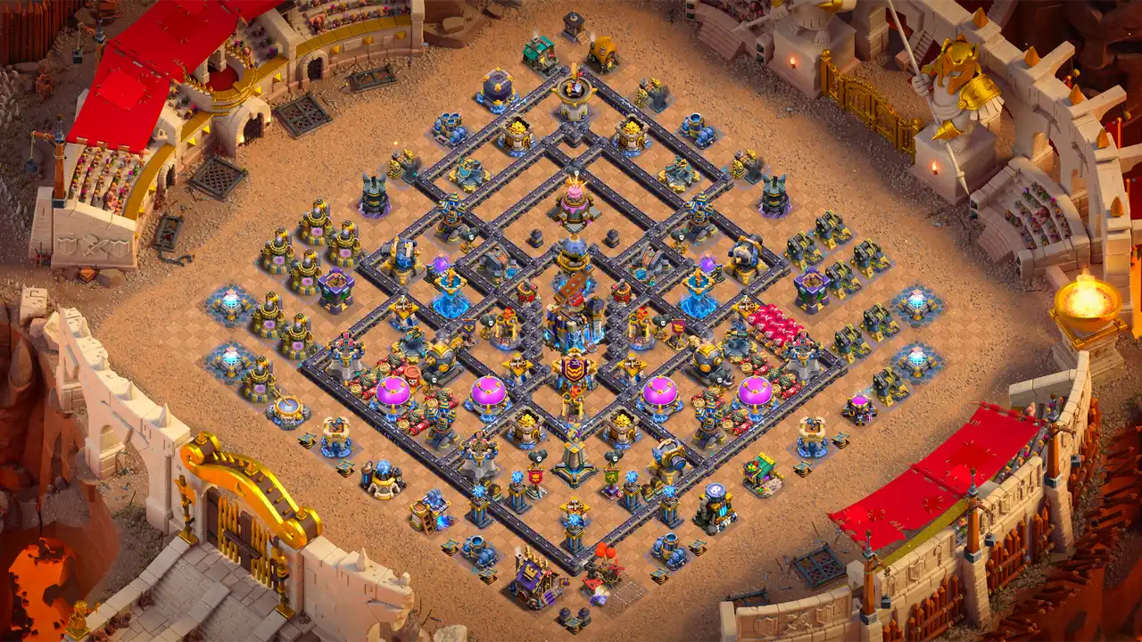 TH18 Anti-2 War base layout in Clash of Clans with a centered Town Hall and isolated Cake-A-Pult, Multi Inferno Towers to stop Super Bowlers.