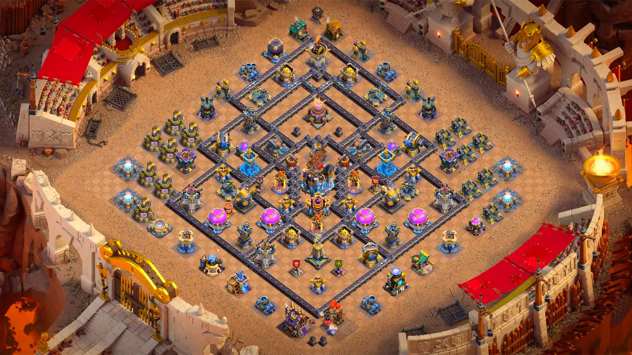 Full defense placement of the TH18 Anti-2 Cake-A-Pult war base in Clash of Clans, with a centered Town Hall grouped with key defenses and the Cake-A-Pult alone at the top.