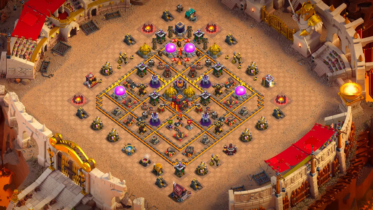 TH10 Anti-2 War base layout in Clash of Clans with a core Town Hall, Multi Inferno Towers and Black Air Mines to stop Zap Dragon attacks.
