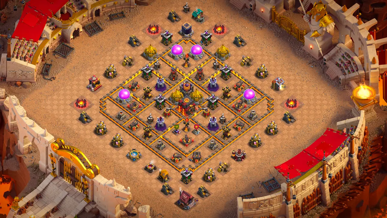 TH10 Anti-2 War base scout view in Clash of Clans showing the full layout with Multi Inferno Towers and Black Air Mines to stop Zap Dragon.