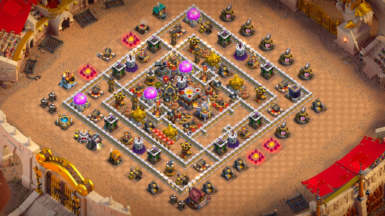 th11 anti-2 hero hunter war base with copy link to clash of clans - baits queen charge miners and blocks easy giant arrow value