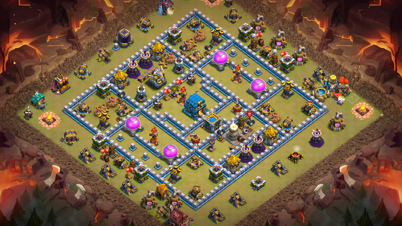 TH12 Anti-2 War base layout in Clash of Clans with a deep Town Hall core, spread key defenses and backend traps to stop Zap Dragon attacks.