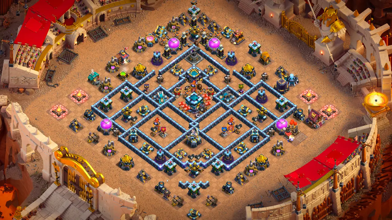 th13 anti-2 hero hunter war base layout with copy link to clash of clans - wide back keeps infernos safe while baiting yeti blimps