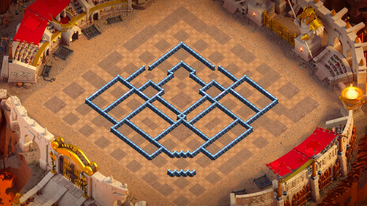 TH13 Anti-2 Hero Hunter war base with copy link to Clash of Clans - wall layout showing the compartments around the Tesla farm.