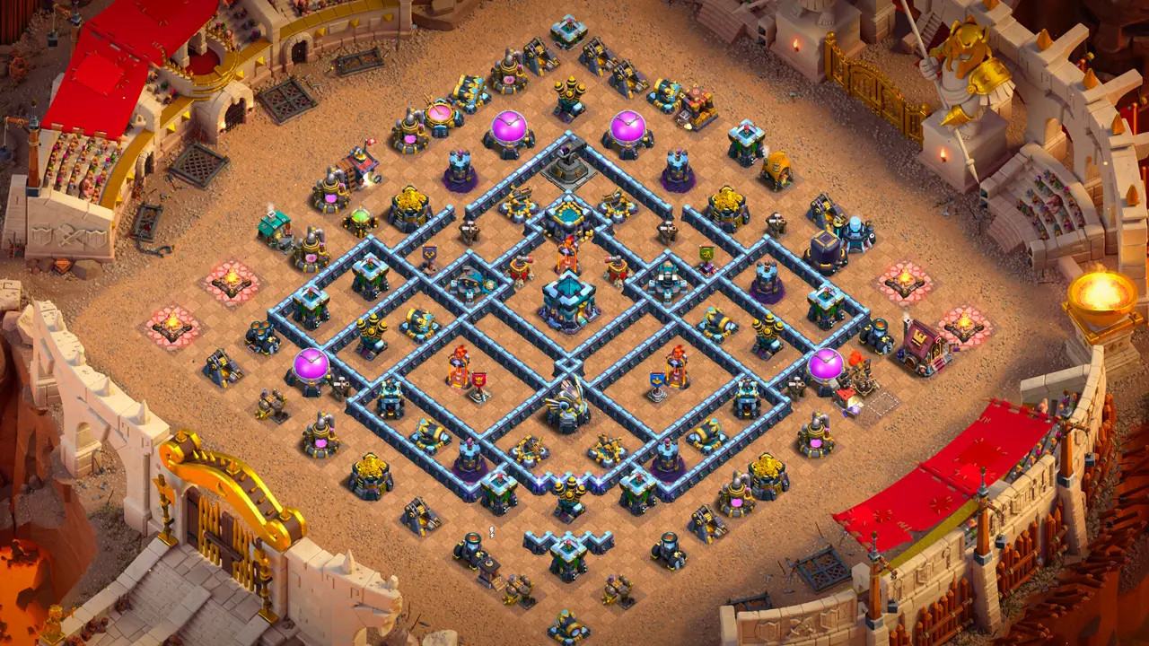 TH13 Anti-2 Hero Hunter war base with copy link to Clash of Clans - scout view showing Giant Bombs and isolated Inferno Towers.