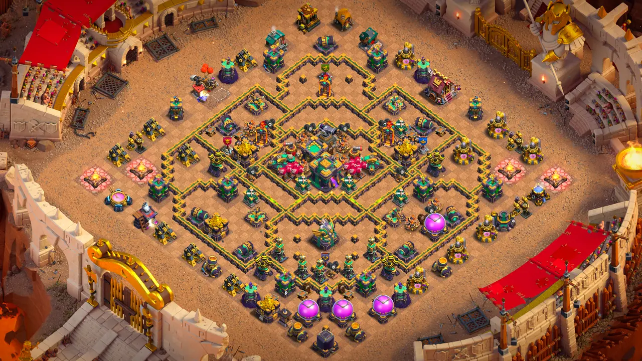 th14 anti-2 hero hunter type base with copy link to clash of clans - full war base overview built to protect heroes from smash attacks
