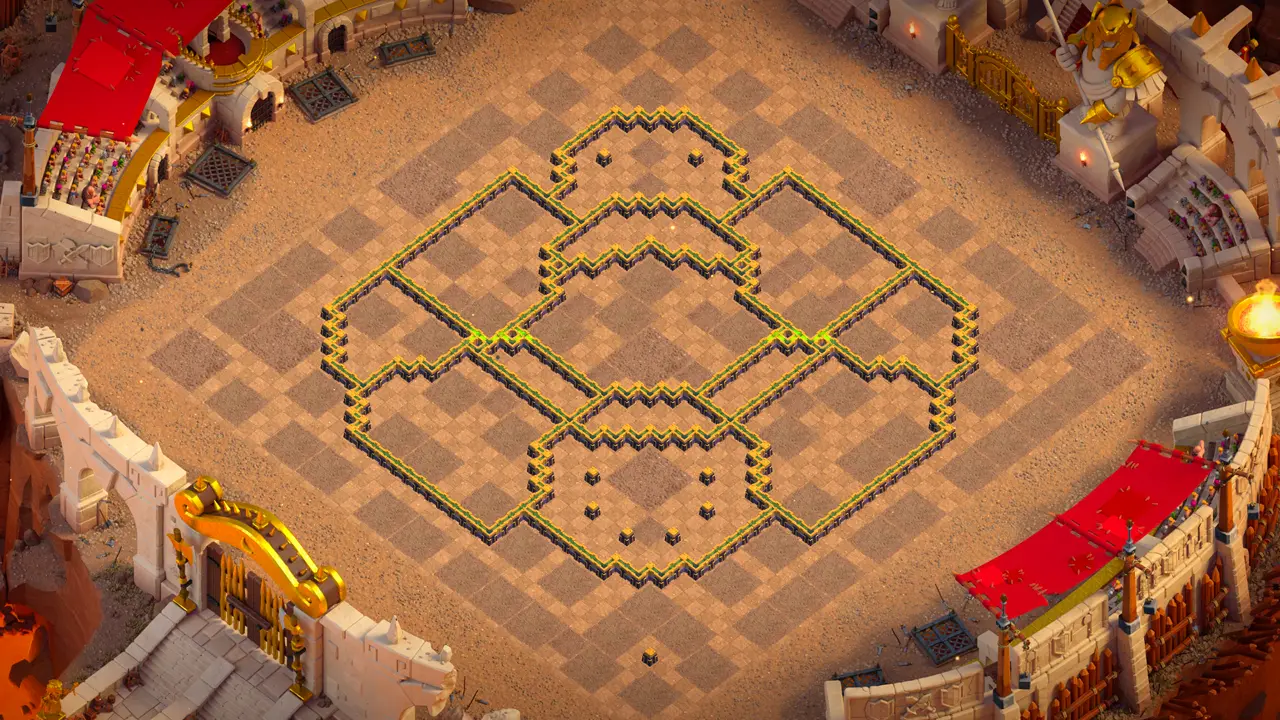 th14 anti-2 hero hunter type base with copy link to clash of clans - wall only view showing compartment layout around the war base
