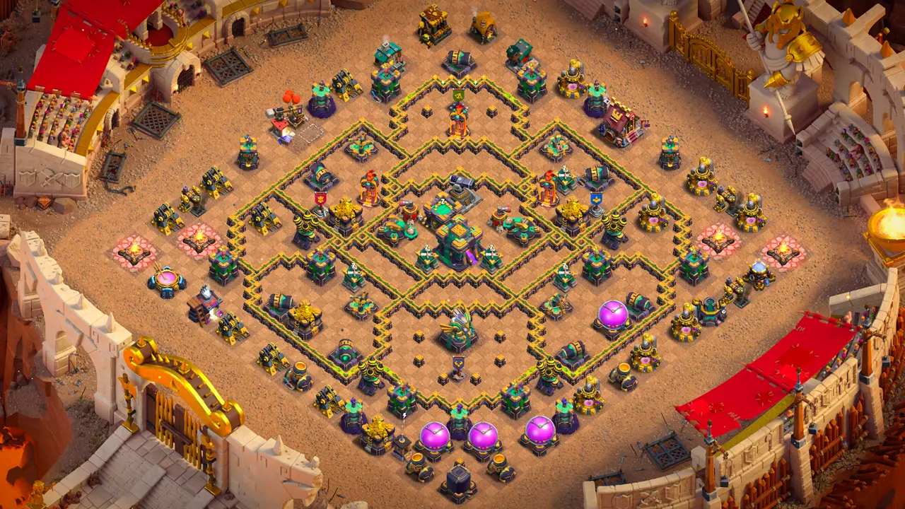 th14 anti-2 hero hunter type base with copy link to clash of clans - scout view of the full war base layout for town hall 14