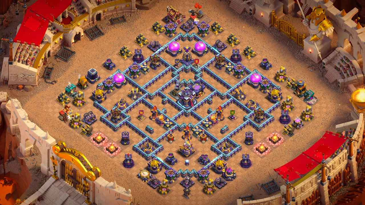 th15 anti-2 hero hunter war base scout view with copy link to clash of clans - full layout showing dead zones around the core