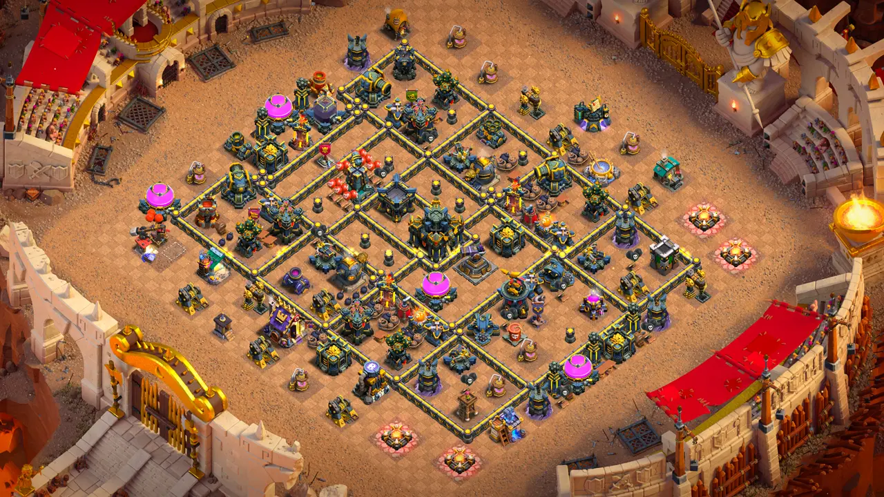 TH17 Anti-2 war base layout in Clash of Clans with the Hero Hunter in the core, Firespitter sides to stop Super Bowler Smash attacks.