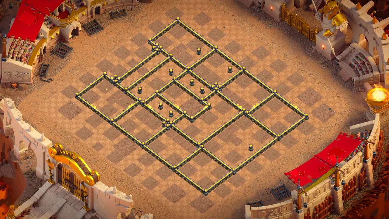 th17 anti-2 hero hunter base with copy link to clash of clans - wall view with tight core compartments and open outer sections
