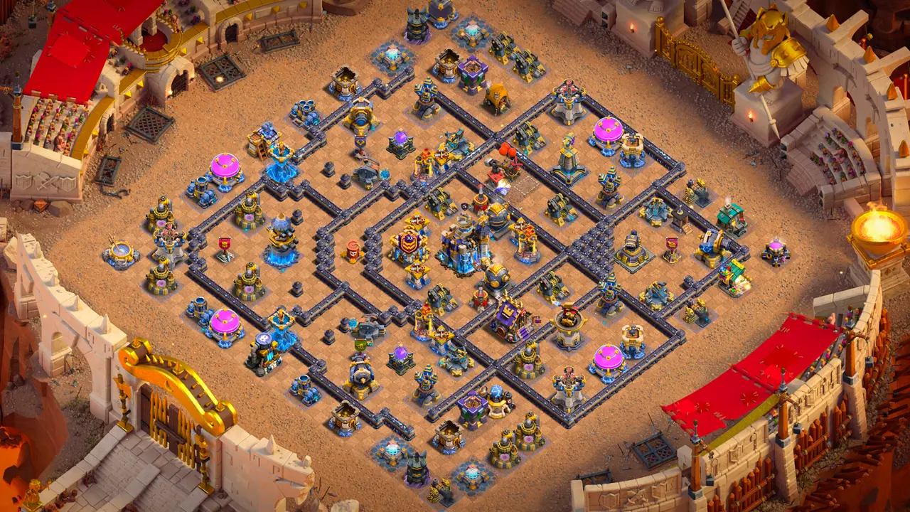 th18 anti-2 hero hunter type base with copy link to clash of clans - scout view with an isolated revenge tower and two high dps sides