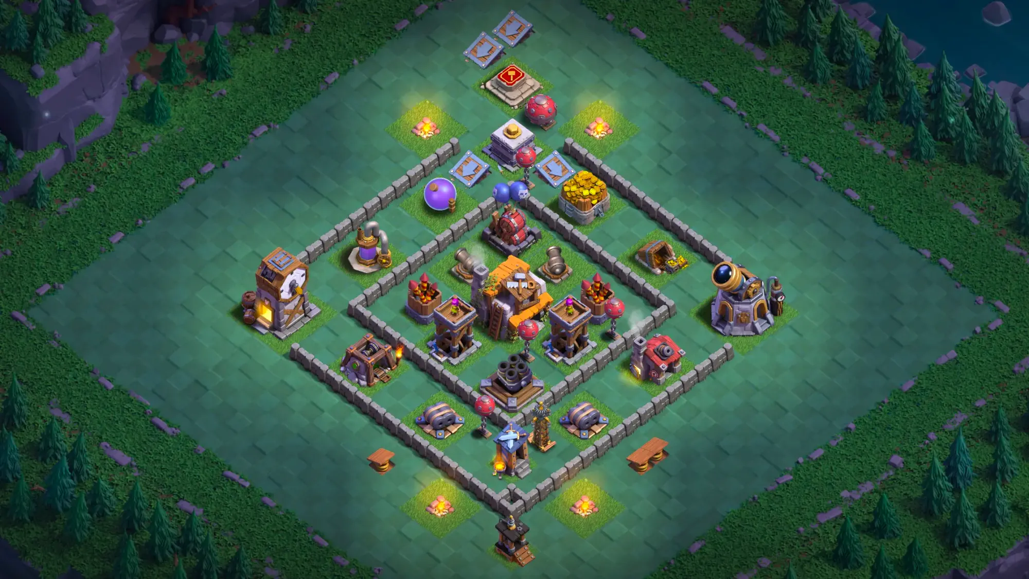BH5 Anti-2 base layout in Clash of Clans with two baited entries, Cannons and Air Bombs to stop Mass Night Witch attacks.