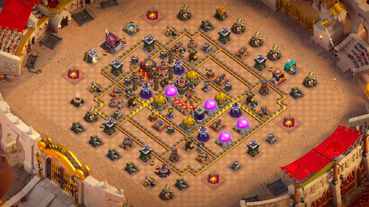 TH10 Anti-3 CWL base layout in Clash of Clans with an edge Town Hall, Tesla Farm and Multi Inferno Tower to stop Queen Charge Hybrid attacks.