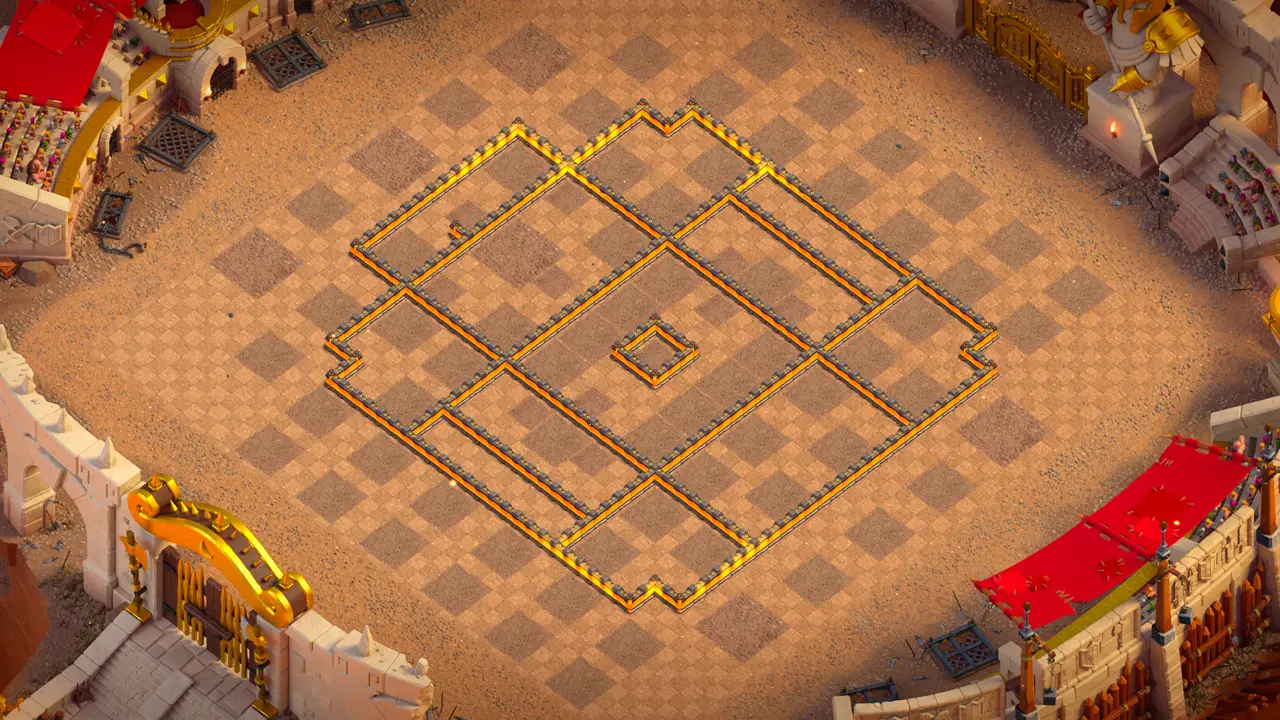 th10 anti 3 star cwl base wall view - Walls ring the Inferno and Tesla tightly, blocking Queen Charge and Dragons from the core