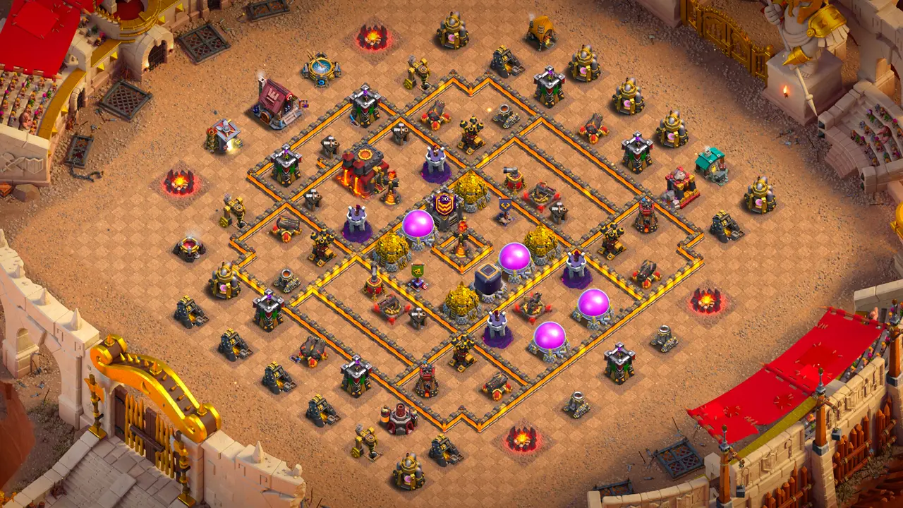 TH10 Anti-3 CWL base scout view in Clash of Clans showing the full layout with the Multi Inferno core and Air Defenses.