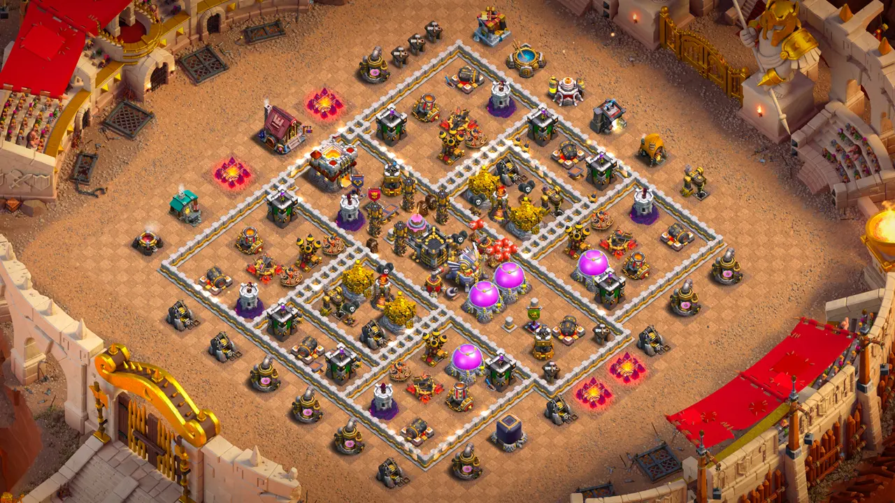 TH11 Anti-3 CWL base layout in Clash of Clans with a toxic Cake-A-Pult core, deep Air Defenses to stop Zap Dragon attacks.