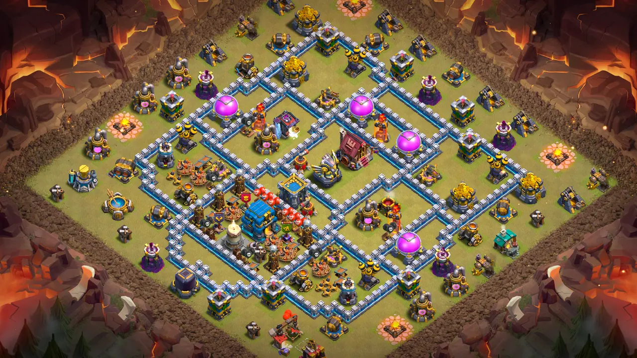 th12 anti-3 hot candle cwl base with copy link to clash of clans - teslas, skeleton traps and bombs guard the town hall and hot candle core