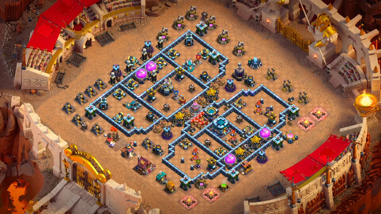 th13 anti-3 cake-a-pult cwl base layout with copy link to clash of clans - open core traps ground smashes while scattershot breaks funnels