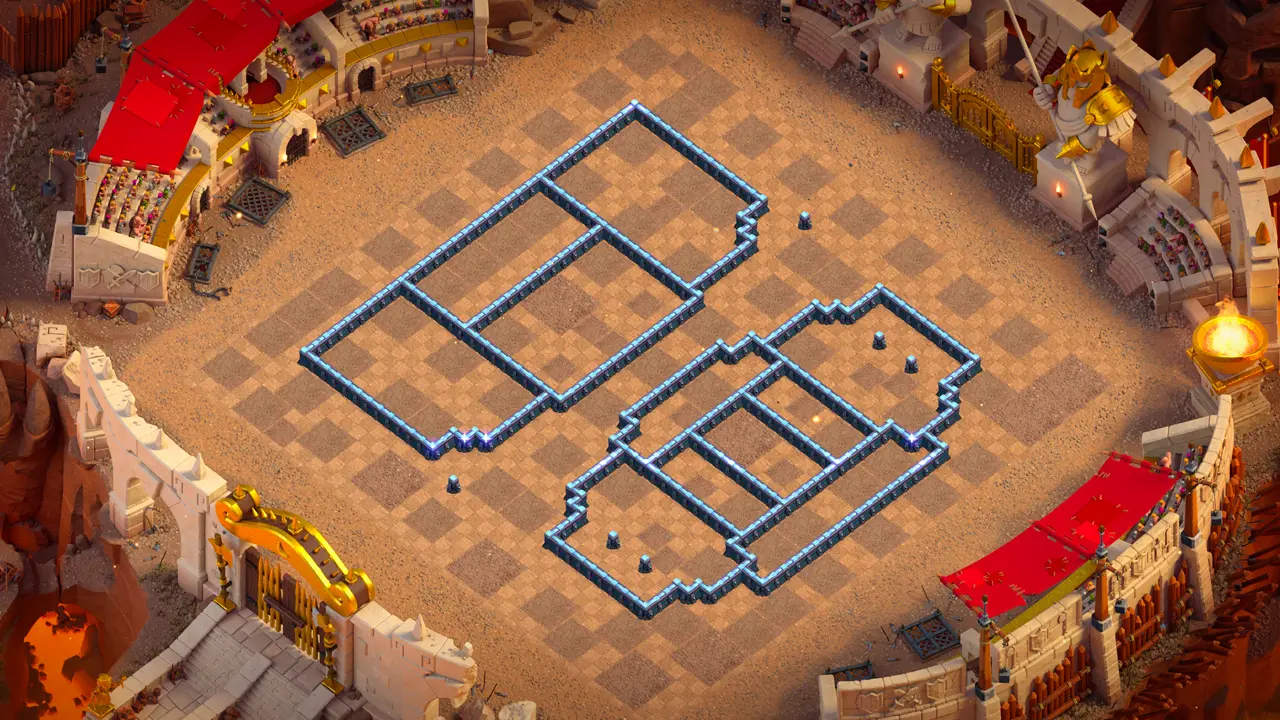 TH13 Anti-3 Cake-A-Pult CWL base with copy link to Clash of Clans - wall layout showing the wide-open core meant to bait smash attacks.