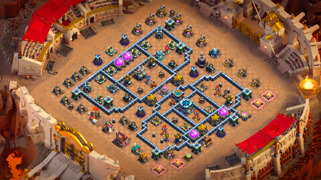 TH13 Anti-3 Cake-A-Pult CWL base with copy link to Clash of Clans - scout view showing the Tesla farm placed at the Eagle Artillery.