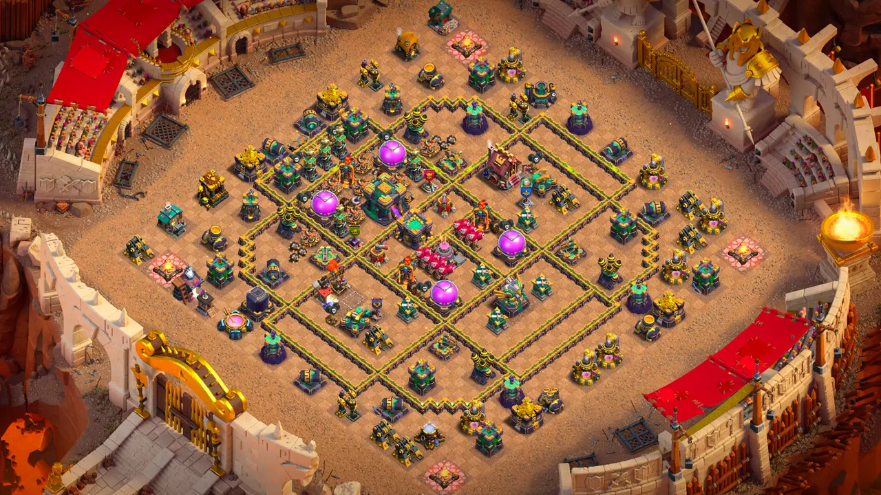 th14 anti-3 cake-a-pult type base with copy link to clash of clans - full cwl base overview with town hall protected by traps