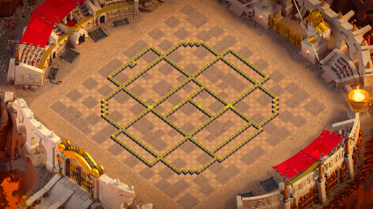 th14 anti-3 cake-a-pult type base with copy link to clash of clans - wall only view showing compartment layout of the cwl base
