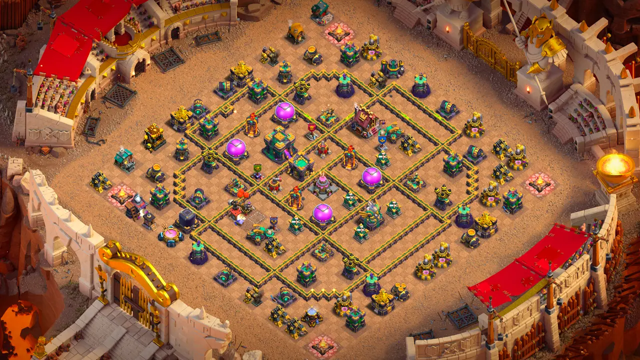 th14 anti-3 cake-a-pult type base with copy link to clash of clans - scout view of the full cwl base layout for town hall 14