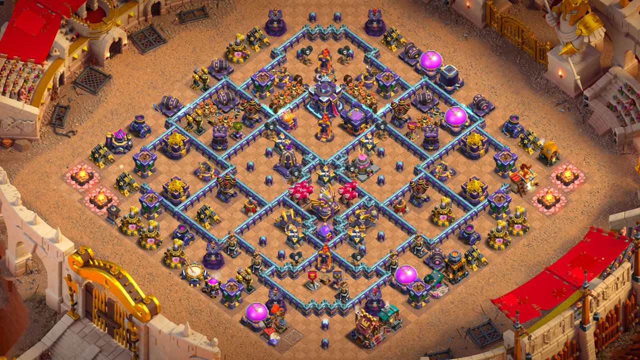TH15 Anti-3 CWL base layout in Clash of Clans with the Rage Spell Tower boosting the Eagle, Cake-A-Pult to stop Super Bowler Smash attacks.
