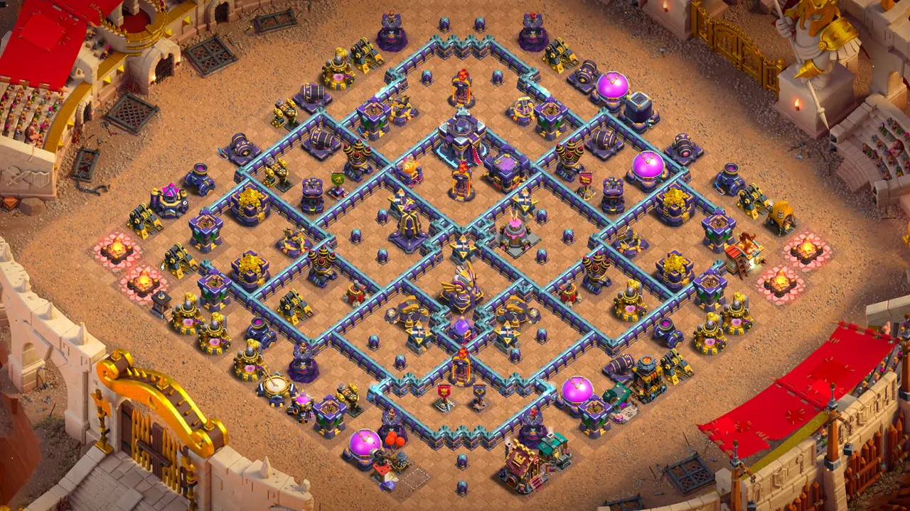 th15 anti-3 cake-a-pult cwl base scout view with copy link to clash of clans - full layout showing strong backend defenses