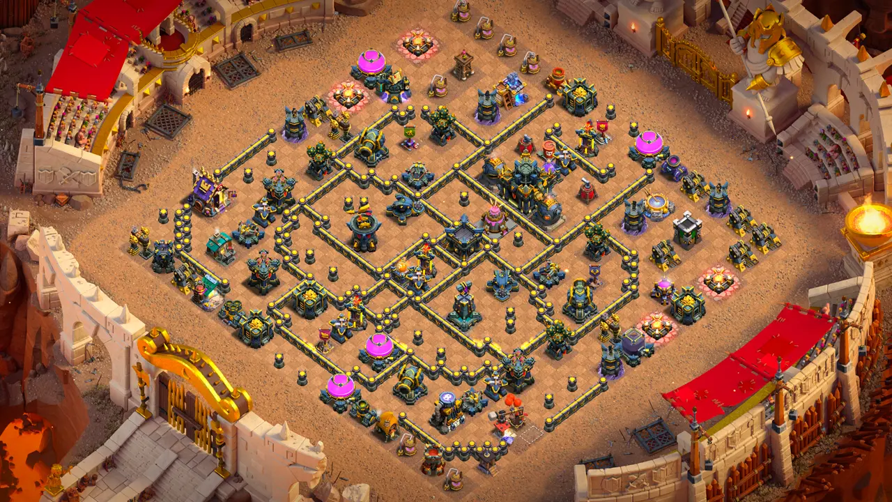 th17 anti-3 cake-a-pult base with copy link to clash of clans - scout view with isolated Multi-Gear Tower and Monolith compartments