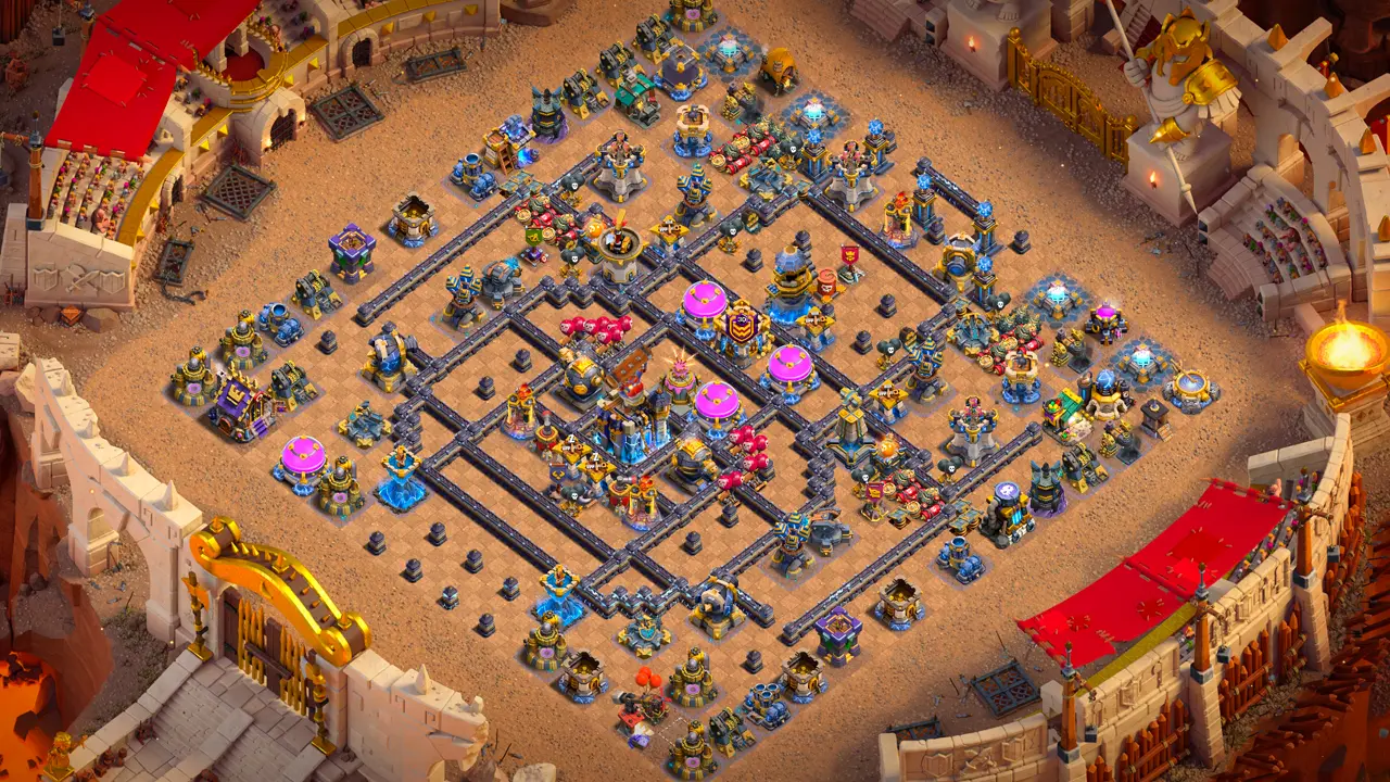 th18 anti-3 cake-a-pult type base with copy link to clash of clans - central cake-a-pult protected by the logger and strong flanks