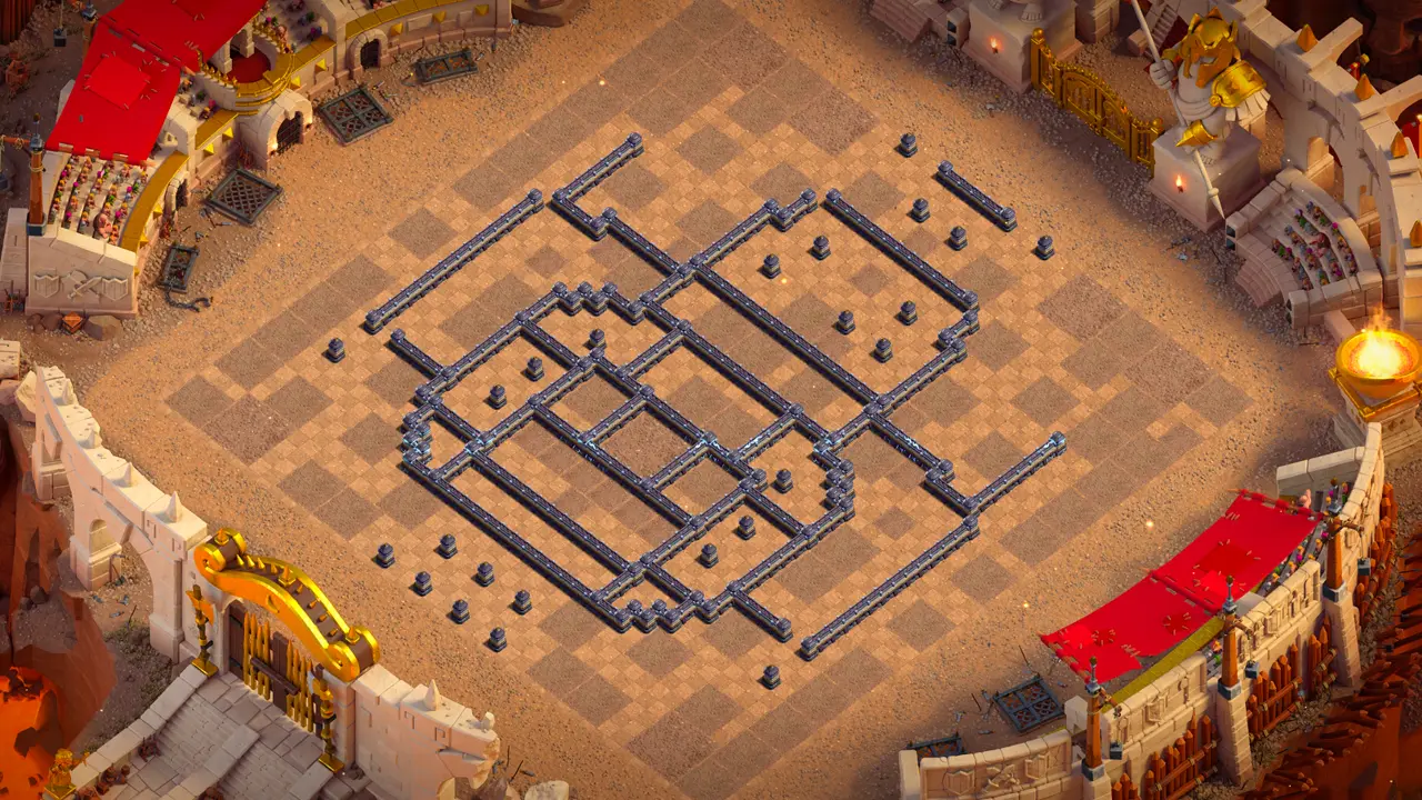 th18 anti-3 cake-a-pult type base with copy link to clash of clans - wall view showing compartments and dead zones around key defenses