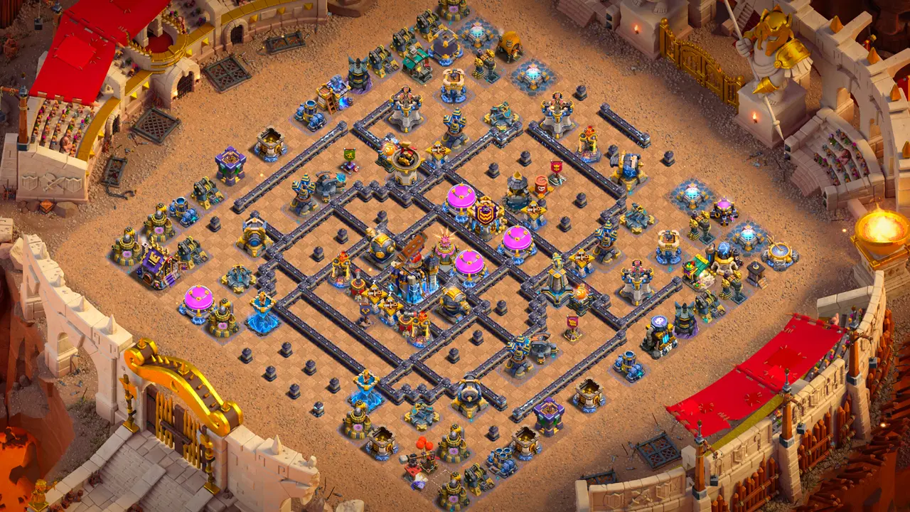 th18 anti-3 cake-a-pult type base with copy link to clash of clans - scout view with baited flanks that punish hero charges