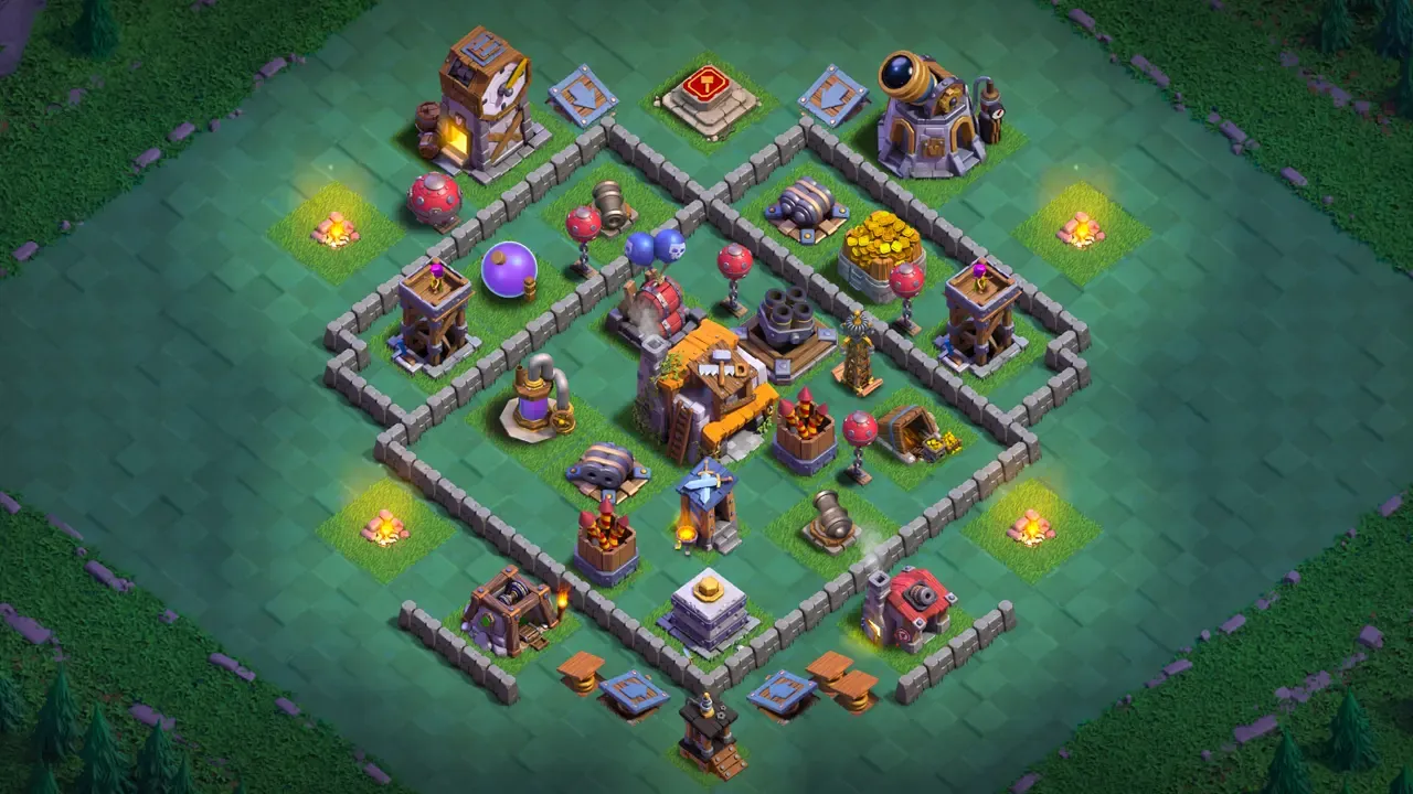 BH5 Anti-2 balanced base layout in Clash of Clans with a moat on both sides, Multi Mortar and Air Bomb core to stop Mass Baby Dragon attacks.