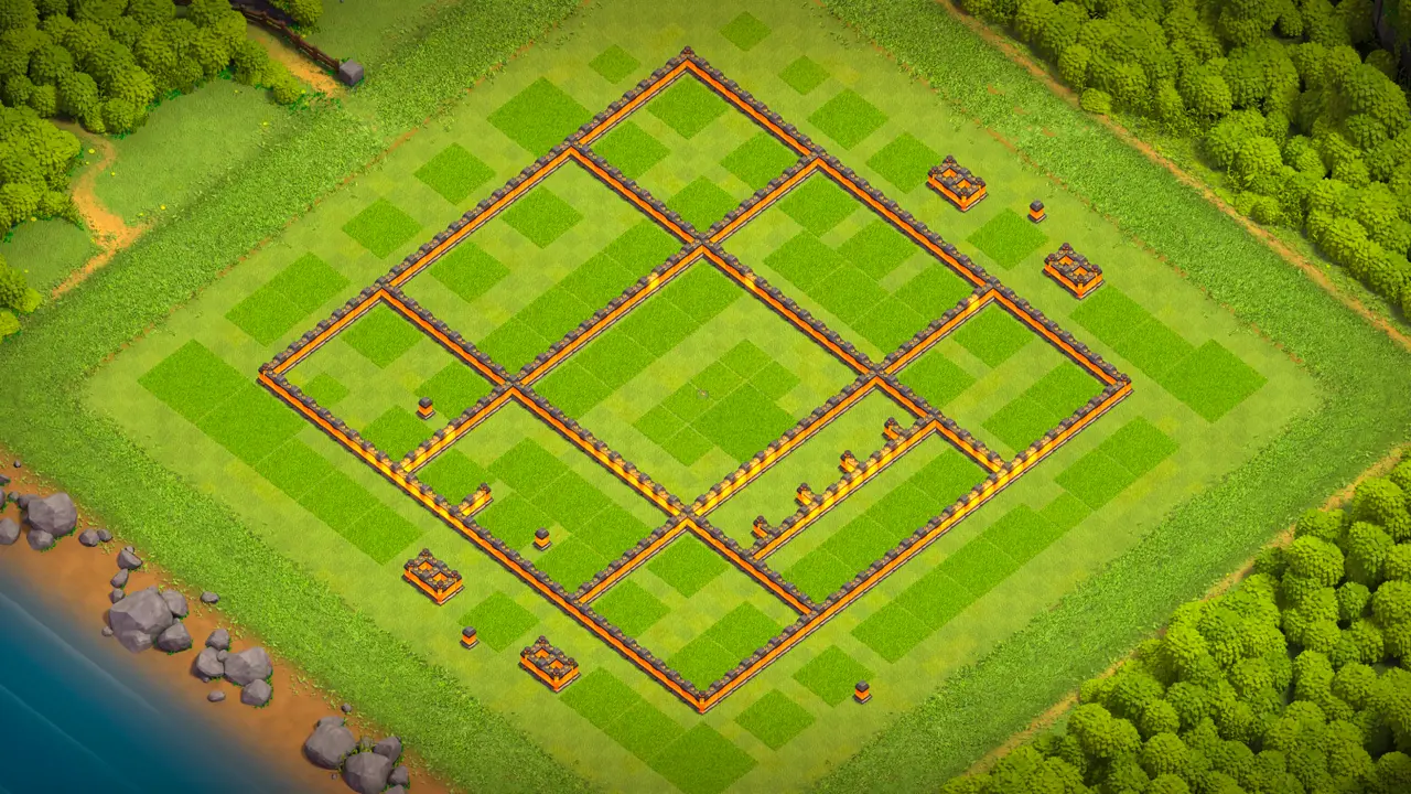 TH10 Anti-2 Ranked base wall layout in Clash of Clans showing the heavily baited core behind Air Sweepers and a dead-zone.