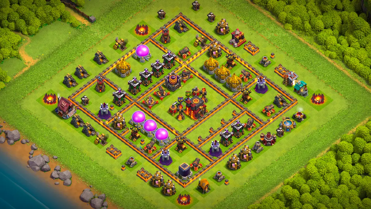 th10 anti 2 star trophy base scout view - Full layout view showing the open space and Air Sweeper placement around the base