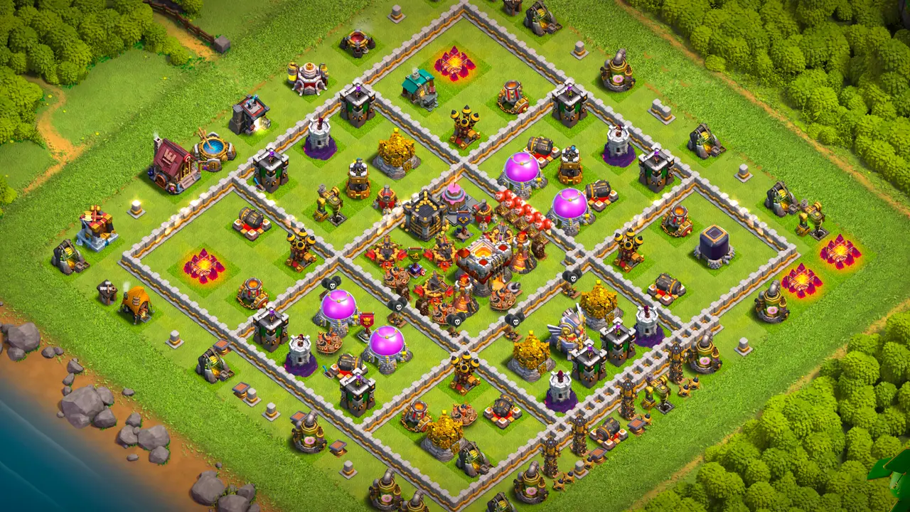 TH11 Anti-2 Ranked base layout in Clash of Clans with an indirect dead-zone, Cake-A-Pult core DPS to stop Zap Dragon attacks.
