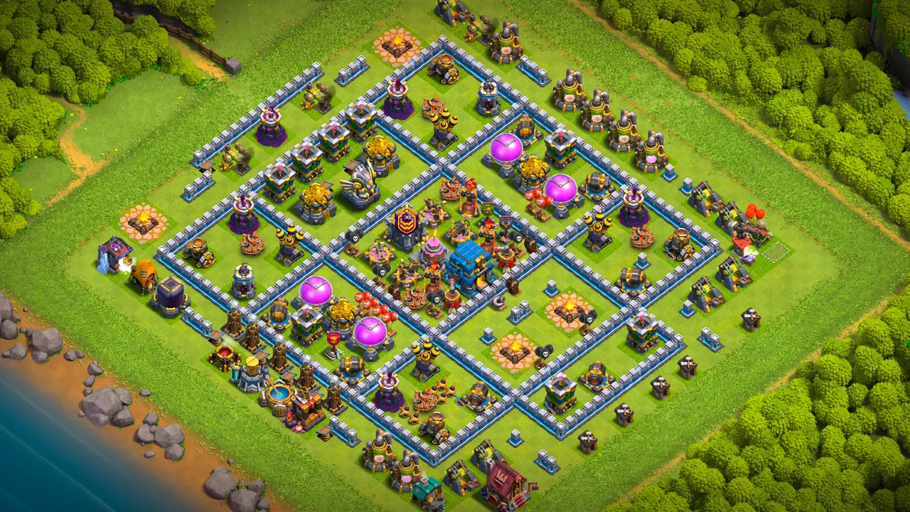 TH12 Anti-2 Ranked base layout in Clash of Clans with a dead-zone Town Hall, Seeking Air Mines and a strong backend to stop Zap Dragon attacks.