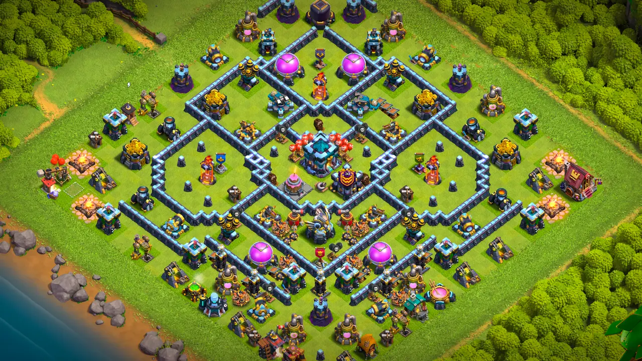th13 anti-2 cake-a-pult ranked base layout with copy link to clash of clans - isolated tower slows down ground and air attacks
