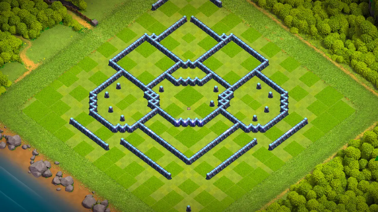 TH13 Anti-2 Cake-A-Pult ranked base with copy link to Clash of Clans - wall layout showing the trapped bottom entry and boxed compartments.