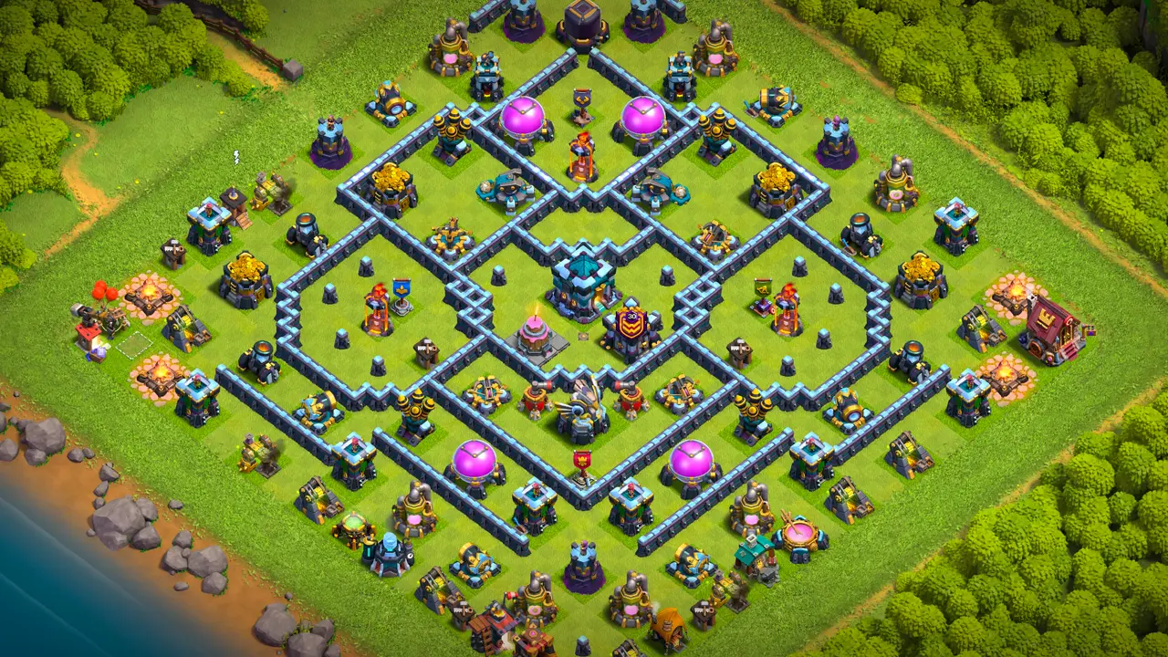 th13 anti-2 cake-a-pult ranked base scout view - full base layout for clash of clans town hall 13 with heroes guarding the eagle artillery