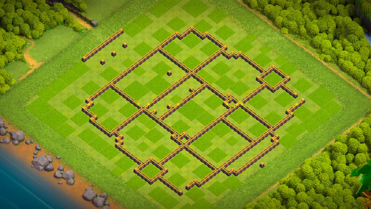 th14 anti-2 cake-a-pult type base with copy link to clash of clans - wall only view showing compartment layout of the ranked base