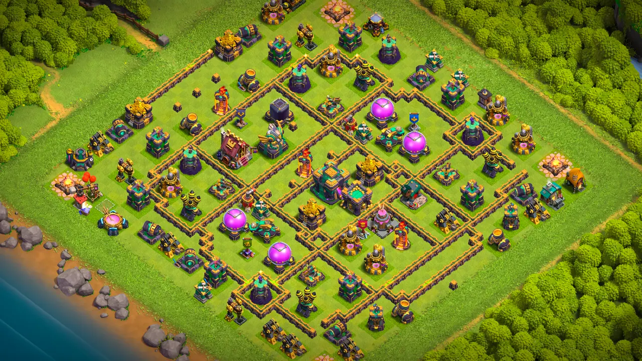 th14 anti-2 cake-a-pult type base with copy link to clash of clans - scout view of the full ranked base layout for town hall 14